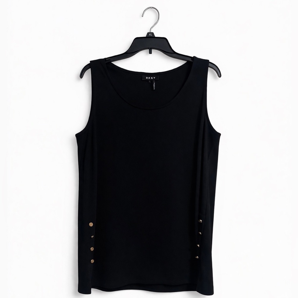 DKNY Black Tank Top Large Gold Button Side Slit Sleeveless Top